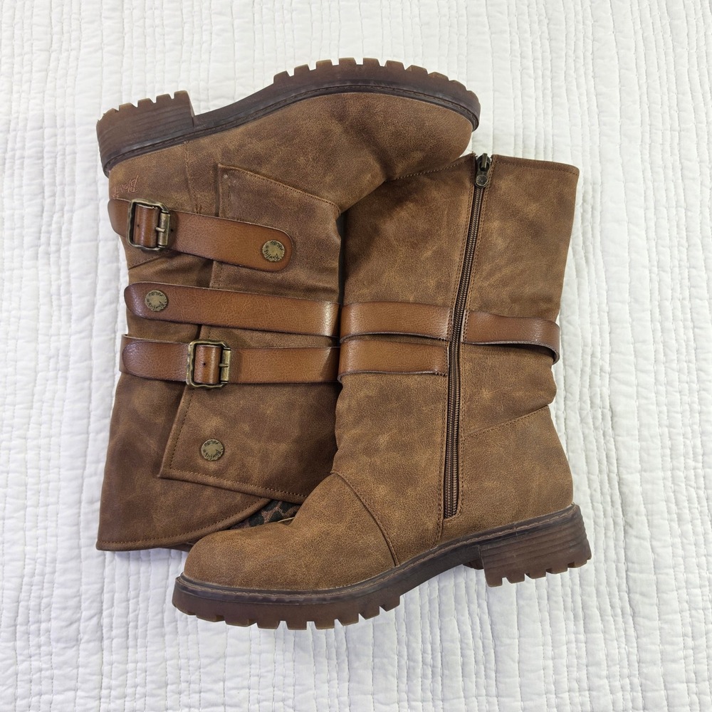 Blowfish Malibu Womens 8 Cognac Faux Leather Buckle Moto Chunky Combat Boots